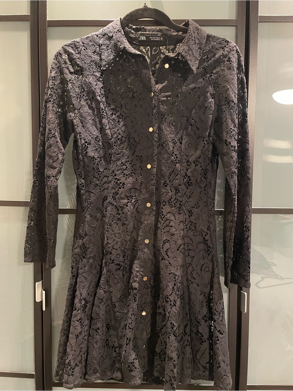 NWOT Zara Black Lace Long-Sleeve Button Dress
